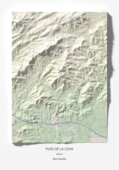 Mapa de relieve de Puig de la Cova, 672 m, Baix Penedès, lámina 100 Cims de Trobart 70 × 100 cm.