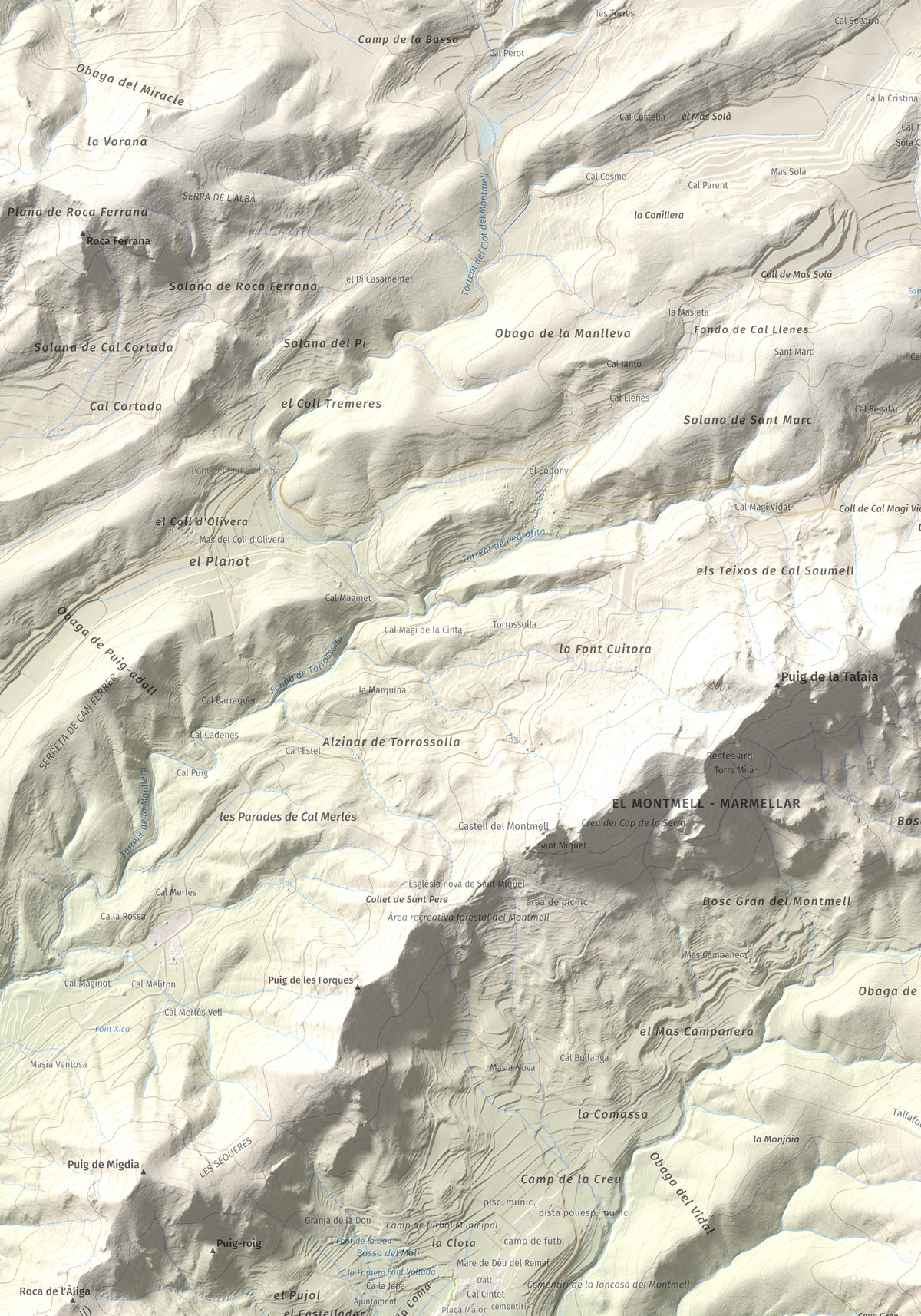 Mapa de relieve de Puig de la Cova, 672 m, Baix Penedès, lámina 100 Cims de Trobart. Detalle de la zona superior izquierda. 70 × 100 cm.