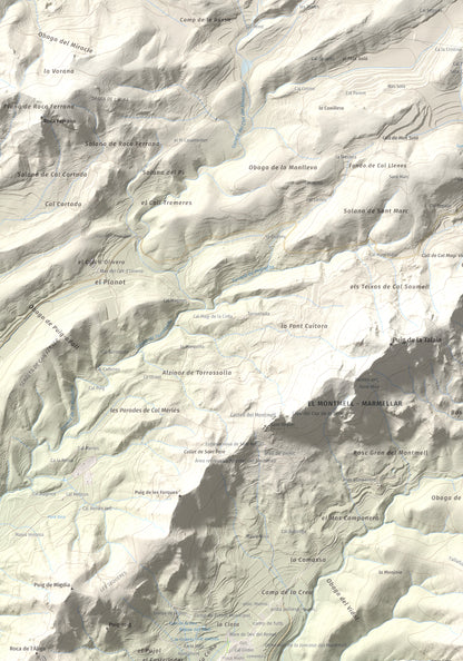 Mapa de relieve de Puig de la Cova, 672 m, Baix Penedès, lámina 100 Cims de Trobart. Detalle de la zona superior izquierda. 70 × 100 cm.