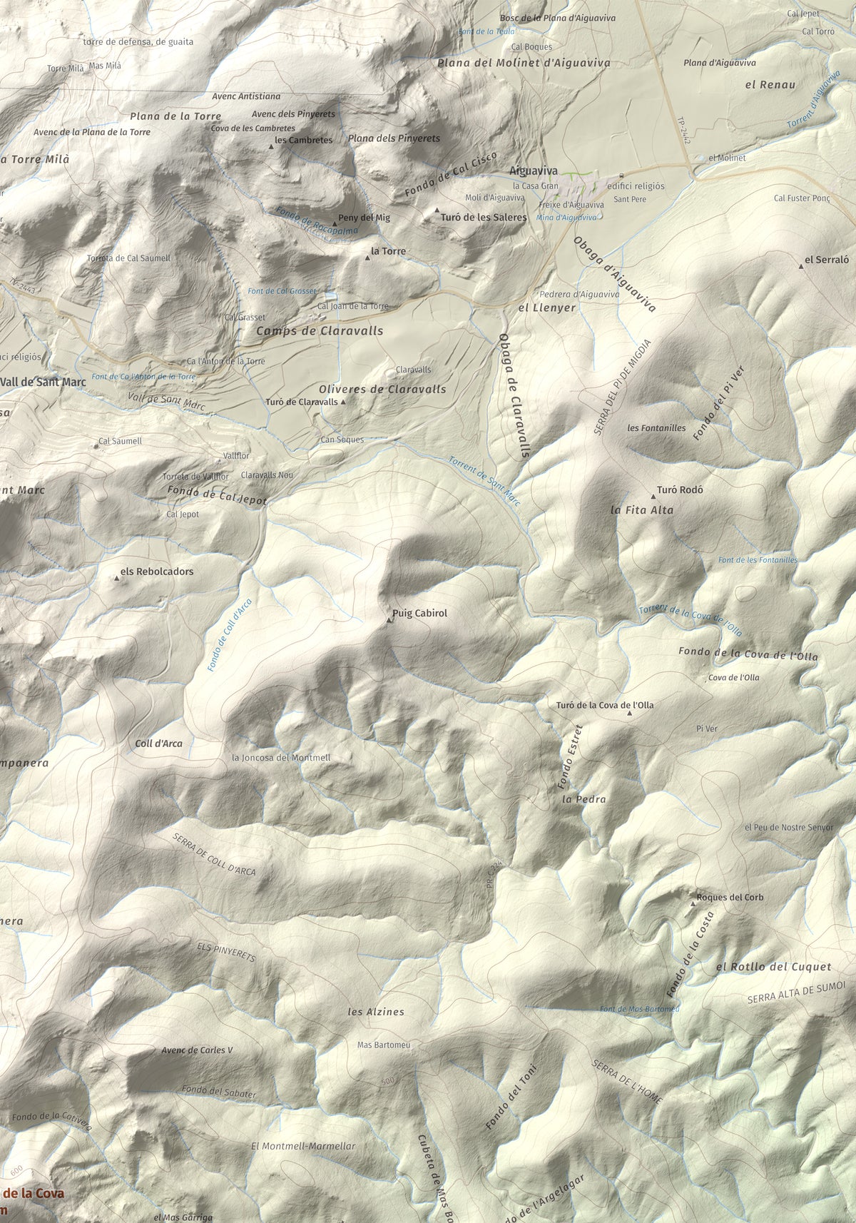 Mapa de relieve de Puig de la Cova, 672 m, Baix Penedès, lámina 100 Cims de Trobart. Detalle de la zona superior derecha. 70 × 100 cm.