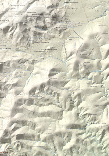 Mapa de relieve de Puig de la Cova, 672 m, Baix Penedès, lámina 100 Cims de Trobart. Detalle de la zona superior derecha. 70 × 100 cm.