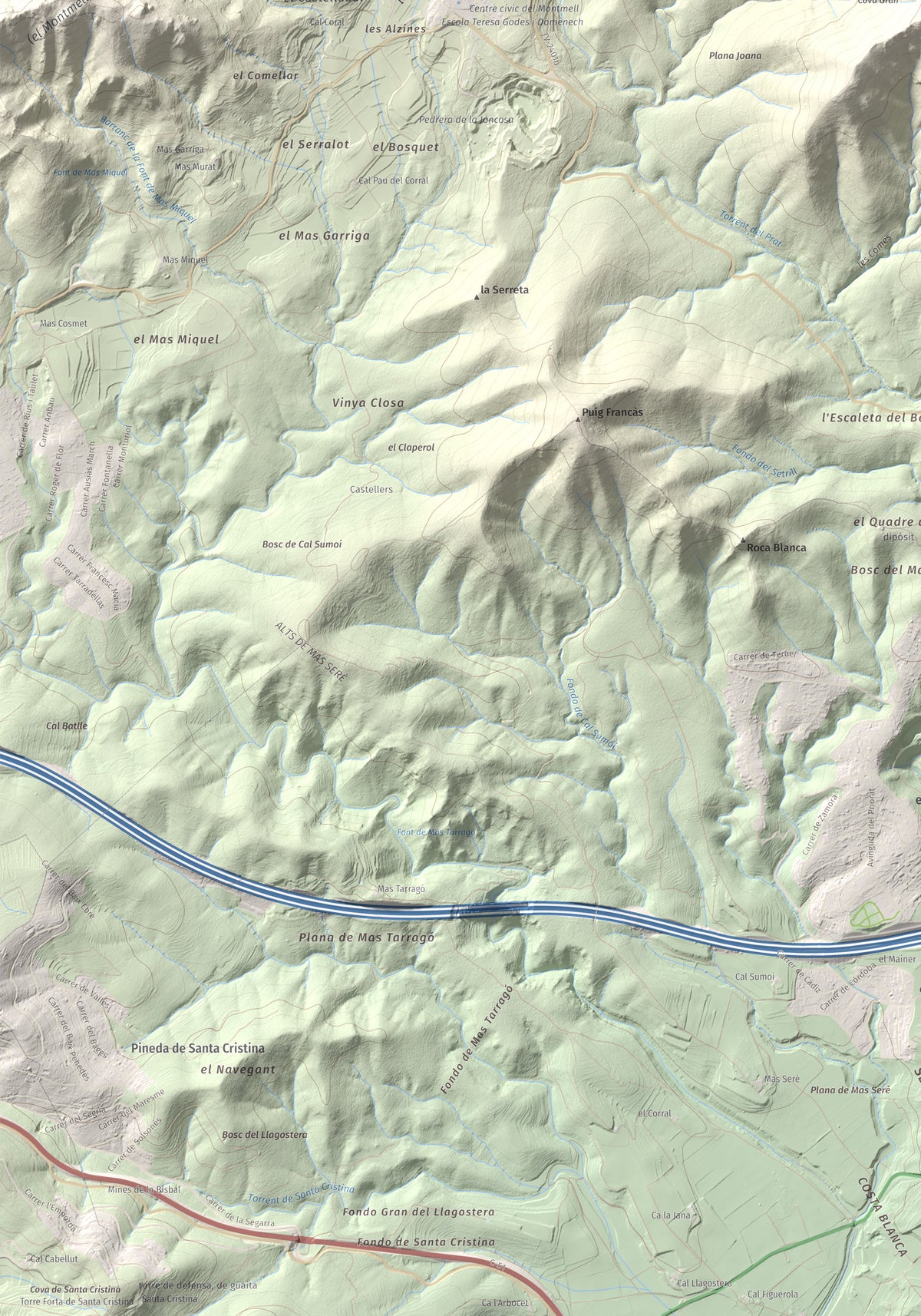 Mapa de relieve de Puig de la Cova, 672 m, Baix Penedès, lámina 100 Cims de Trobart. Detalle de la zona inferior izquierda. 70 × 100 cm.