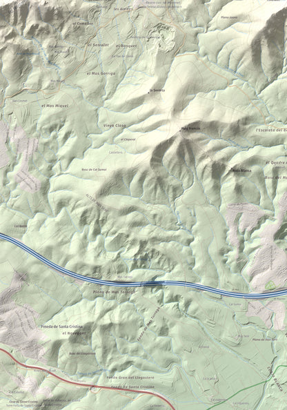 Mapa de relieve de Puig de la Cova, 672 m, Baix Penedès, lámina 100 Cims de Trobart. Detalle de la zona inferior izquierda. 70 × 100 cm.