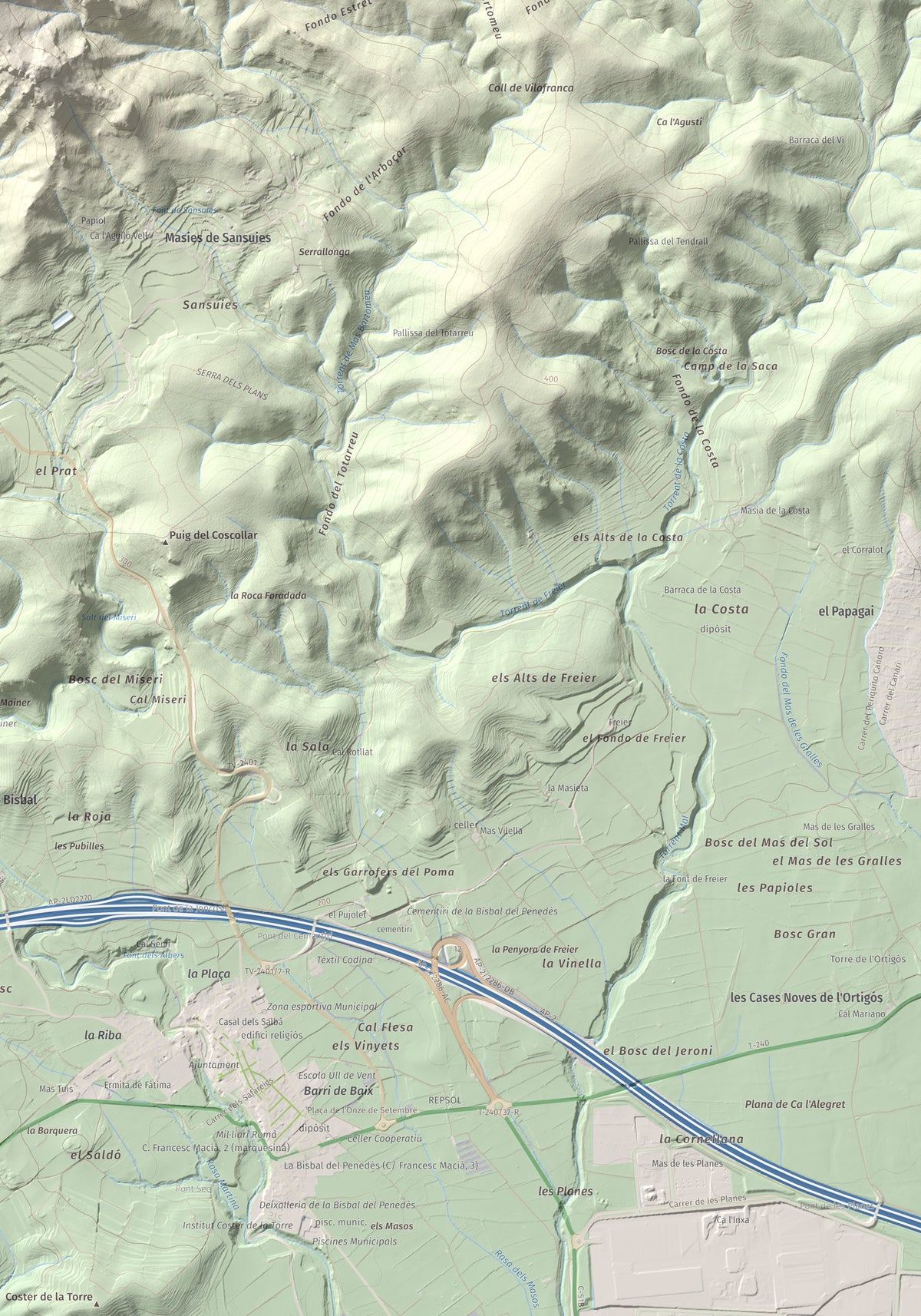 Mapa de relieve de Puig de la Cova, 672 m, Baix Penedès, lámina 100 Cims de Trobart. Detalle de la zona inferior derecha. 70 × 100 cm.