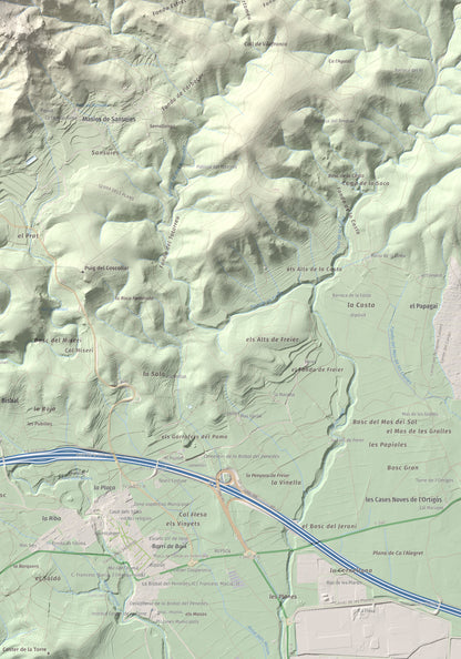 Mapa de relieve de Puig de la Cova, 672 m, Baix Penedès, lámina 100 Cims de Trobart. Detalle de la zona inferior derecha. 70 × 100 cm.