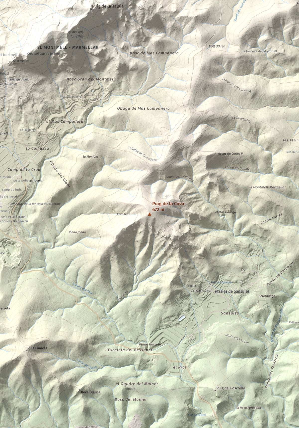 Mapa de relieve de Puig de la Cova, 672 m, Baix Penedès, lámina 100 Cims de Trobart. Detalle de la zona central. 70 × 100 cm.