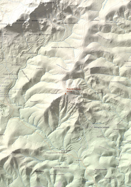 Mapa de relieve de Puig de la Cova, 672 m, Baix Penedès, lámina 100 Cims de Trobart. Detalle de la zona central. 70 × 100 cm.