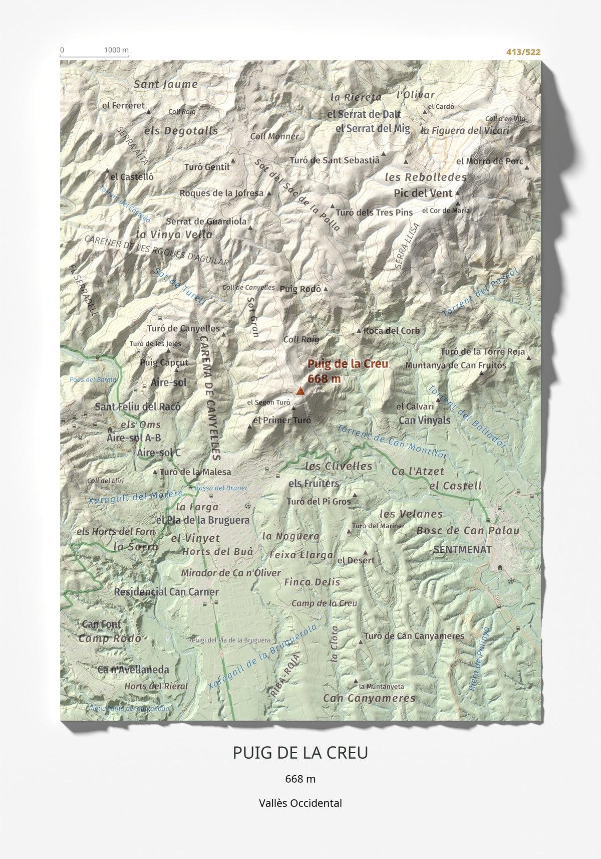 Mapa de relieve de Puig de la Creu, 668 m, Vallès Occidental, lámina 100 Cims de Trobart 21 × 30 cm.