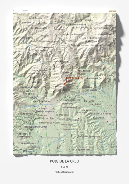 Mapa de relieve de Puig de la Creu, 668 m, Vallès Occidental, lámina 100 Cims de Trobart 21 × 30 cm.