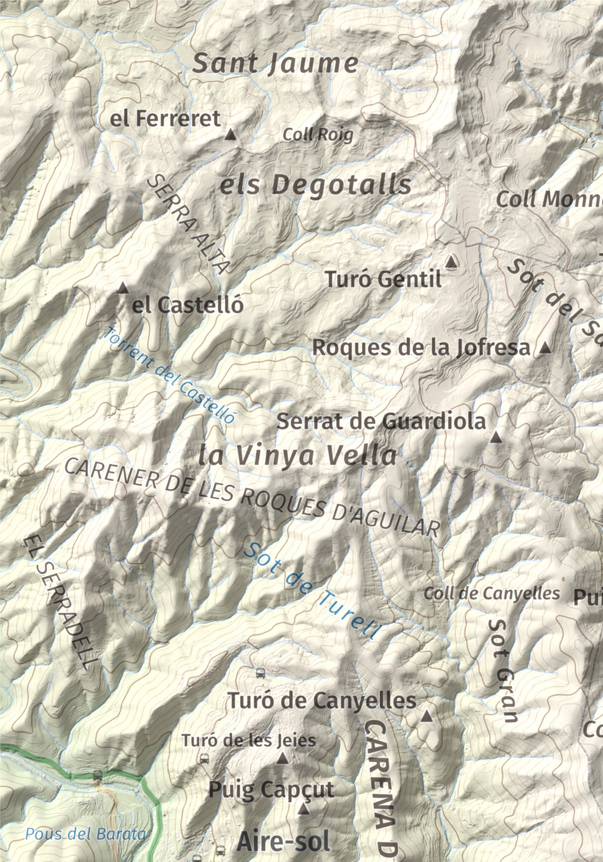 Mapa de relieve de Puig de la Creu, 668 m, Vallès Occidental, lámina 100 Cims de Trobart. Detalle de la zona superior izquierda. 21 × 30 cm.
