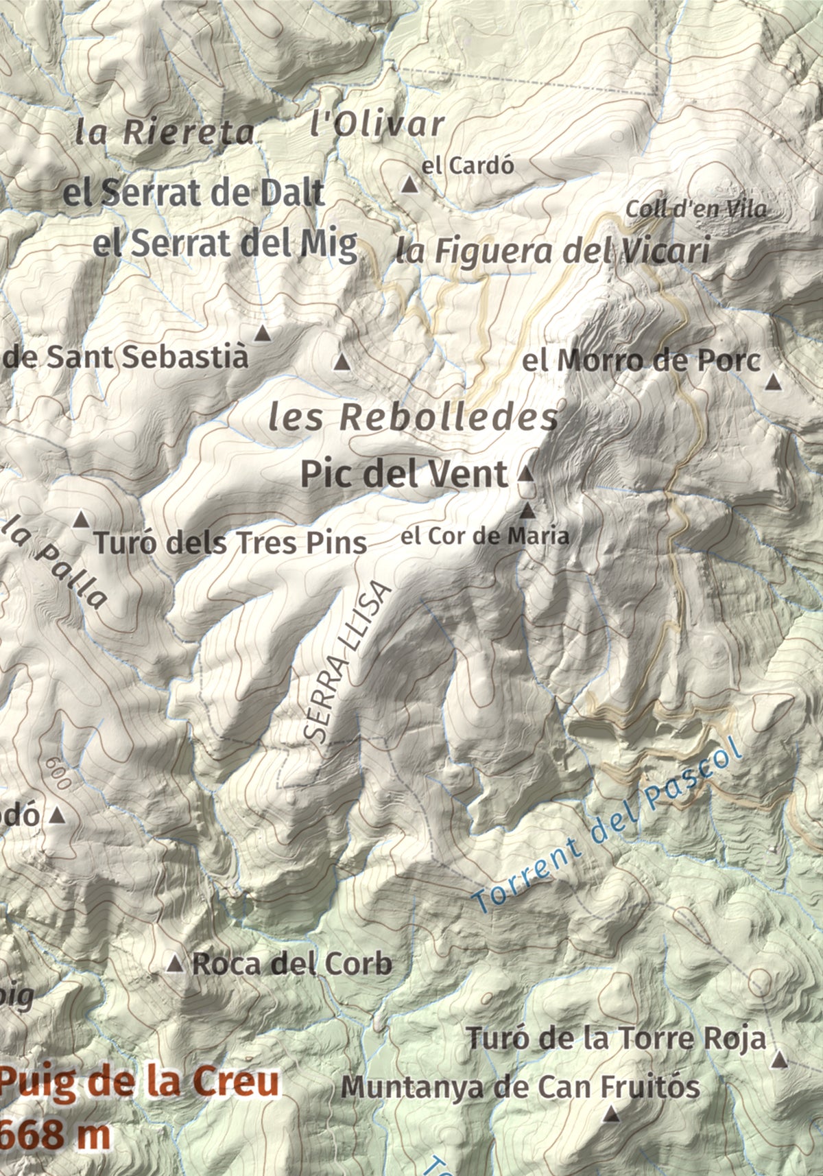 Mapa de relieve de Puig de la Creu, 668 m, Vallès Occidental, lámina 100 Cims de Trobart. Detalle de la zona superior derecha. 21 × 30 cm.