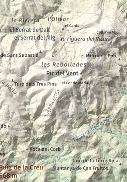 Mapa de relieve de Puig de la Creu, 668 m, Vallès Occidental, lámina 100 Cims de Trobart. Detalle de la zona superior derecha. 21 × 30 cm.