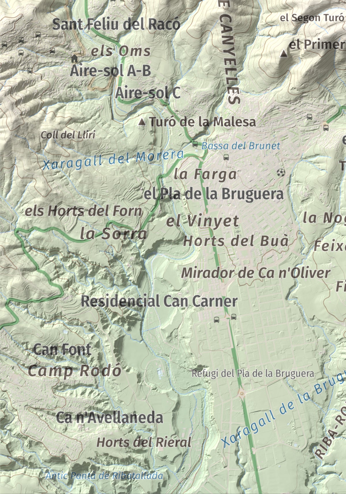 Mapa de relieve de Puig de la Creu, 668 m, Vallès Occidental, lámina 100 Cims de Trobart. Detalle de la zona inferior izquierda. 21 × 30 cm.