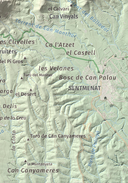 Mapa de relieve de Puig de la Creu, 668 m, Vallès Occidental, lámina 100 Cims de Trobart. Detalle de la zona inferior derecha. 21 × 30 cm.