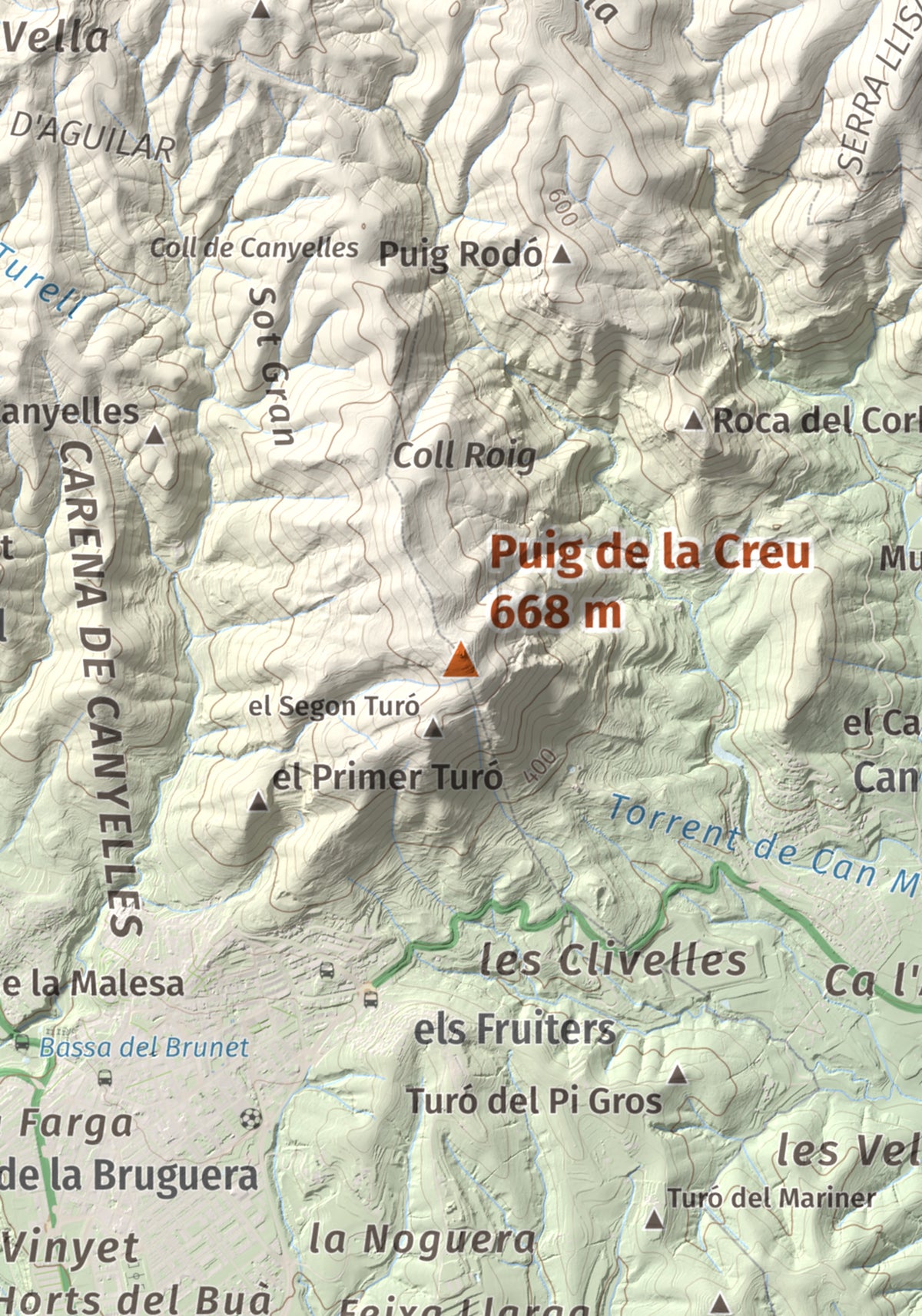 Mapa de relieve de Puig de la Creu, 668 m, Vallès Occidental, lámina 100 Cims de Trobart. Detalle de la zona central. 21 × 30 cm.