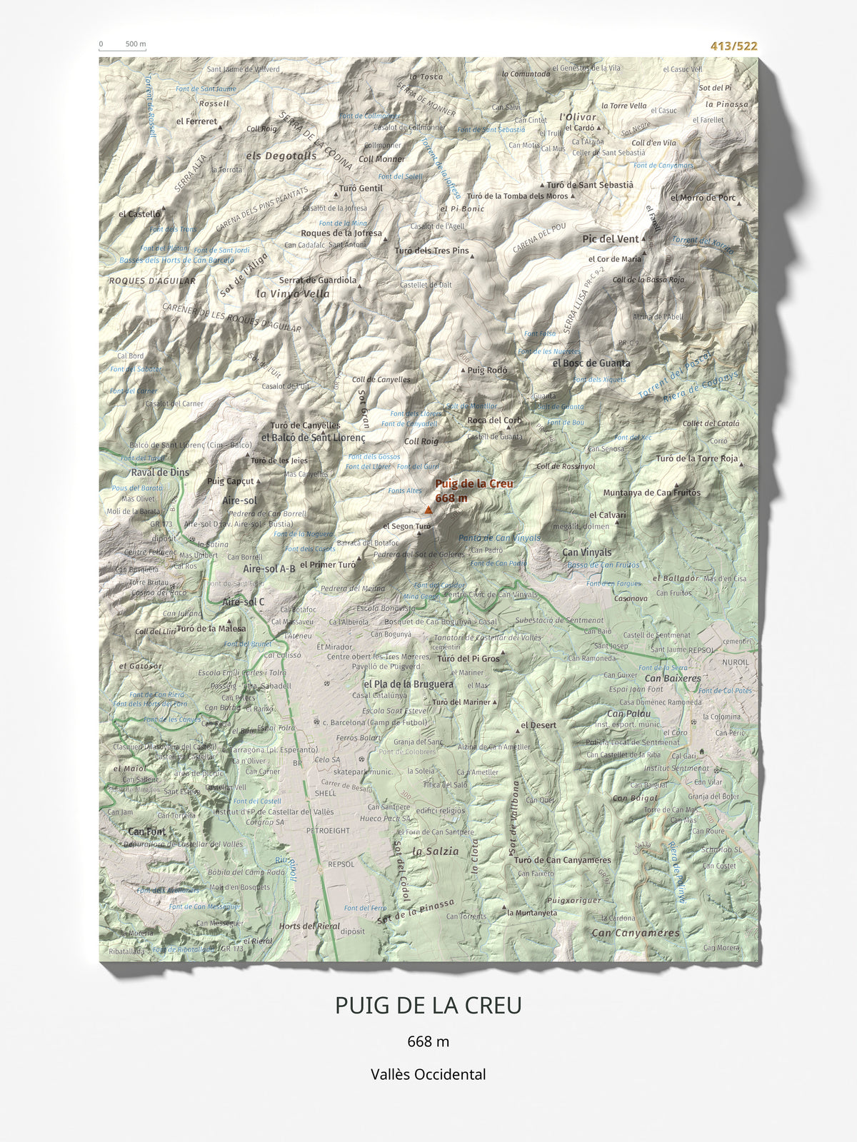 Mapa de relieve de Puig de la Creu, 668 m, Vallès Occidental, lámina 100 Cims de Trobart 30 × 40 cm.