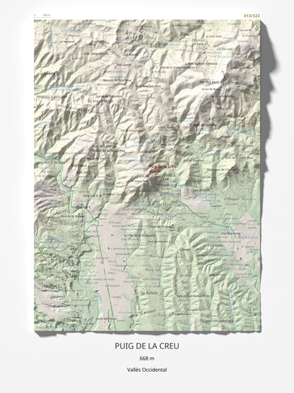 Mapa de relieve de Puig de la Creu, 668 m, Vallès Occidental, lámina 100 Cims de Trobart 30 × 40 cm.