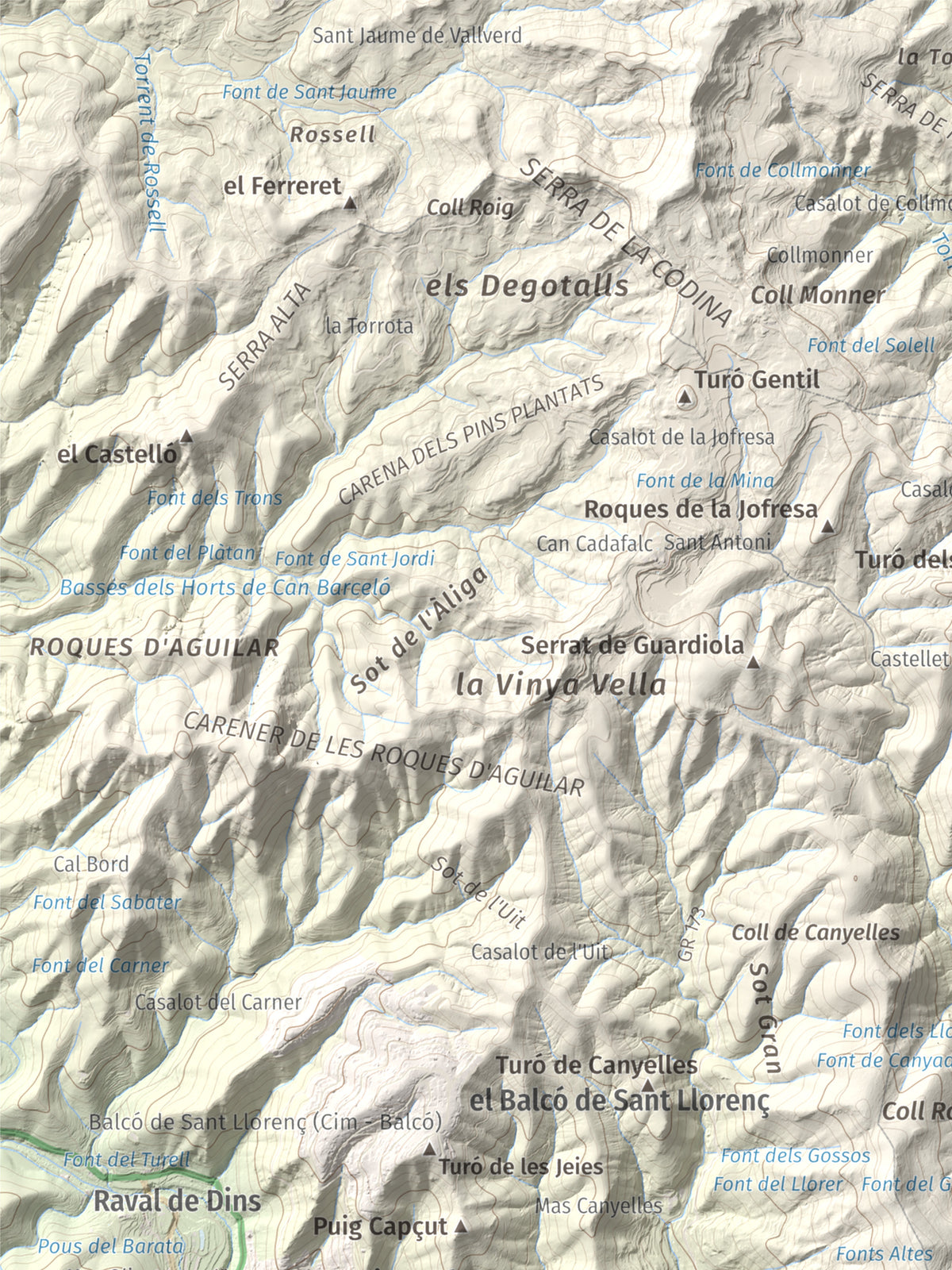 Mapa de relieve de Puig de la Creu, 668 m, Vallès Occidental, lámina 100 Cims de Trobart. Detalle de la zona superior izquierda. 30 × 40 cm.