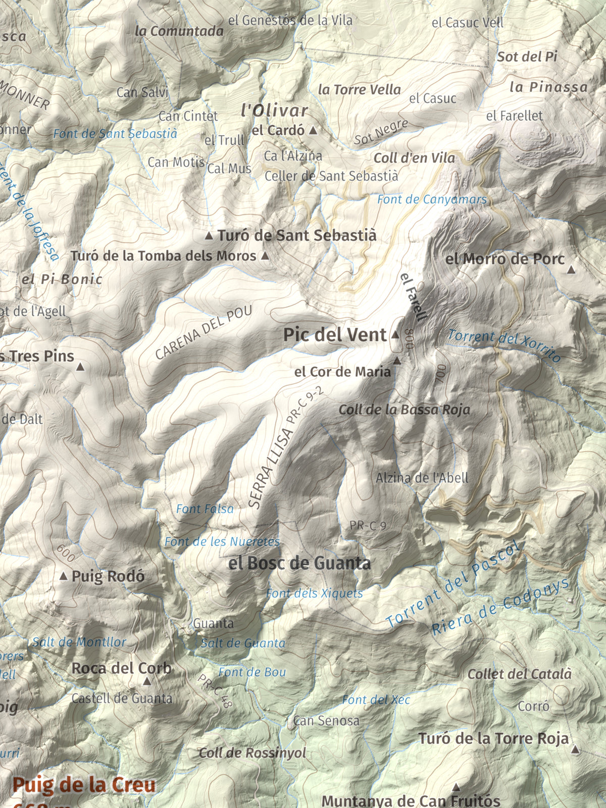 Mapa de relieve de Puig de la Creu, 668 m, Vallès Occidental, lámina 100 Cims de Trobart. Detalle de la zona superior derecha. 30 × 40 cm.