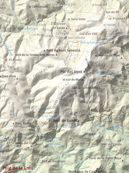 Mapa de relieve de Puig de la Creu, 668 m, Vallès Occidental, lámina 100 Cims de Trobart. Detalle de la zona superior derecha. 30 × 40 cm.
