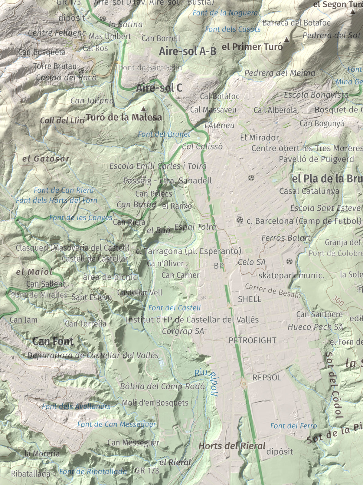 Mapa de relieve de Puig de la Creu, 668 m, Vallès Occidental, lámina 100 Cims de Trobart. Detalle de la zona inferior izquierda. 30 × 40 cm.