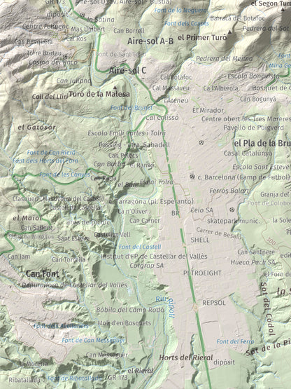 Mapa de relieve de Puig de la Creu, 668 m, Vallès Occidental, lámina 100 Cims de Trobart. Detalle de la zona inferior izquierda. 30 × 40 cm.