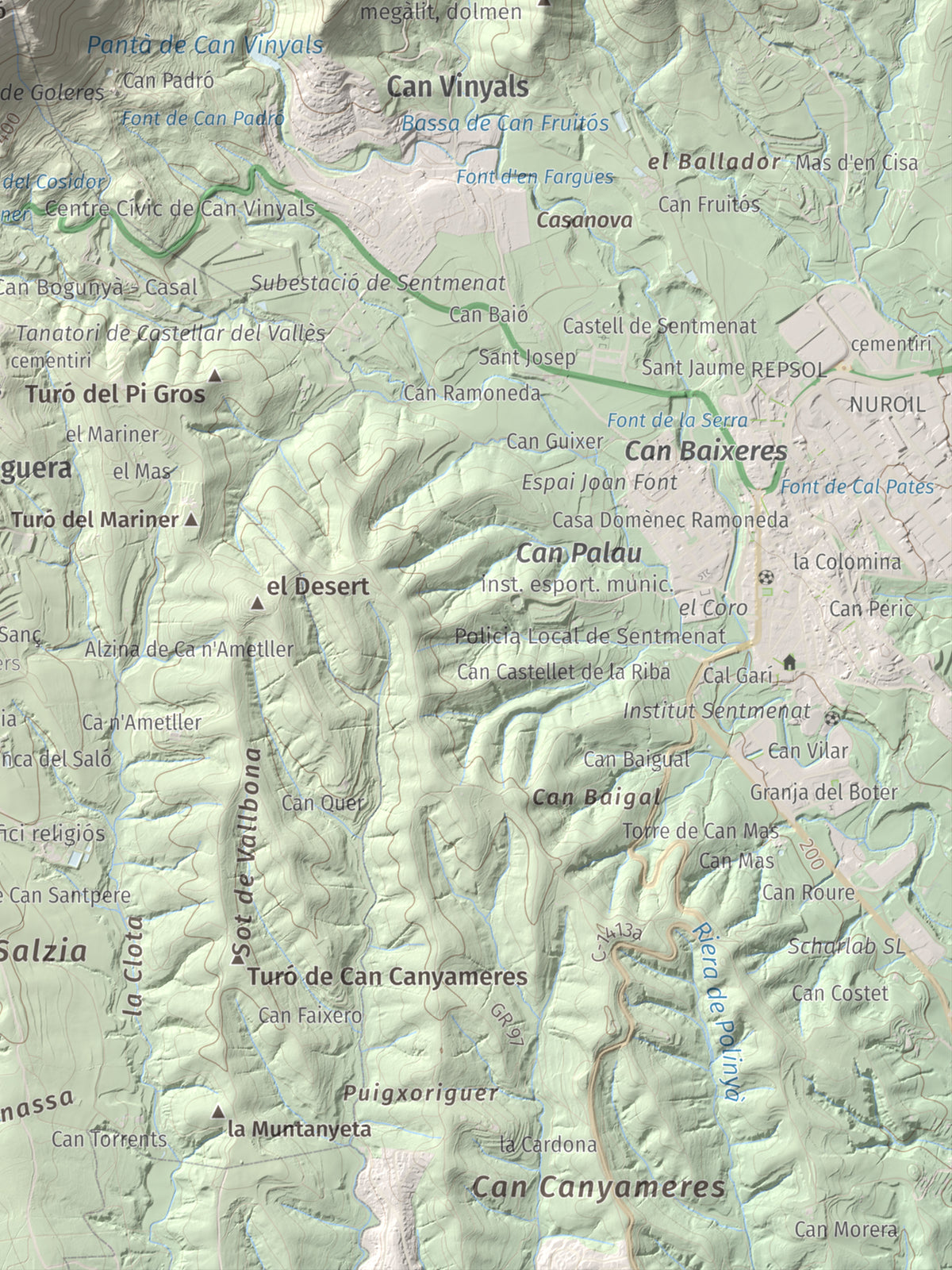Mapa de relieve de Puig de la Creu, 668 m, Vallès Occidental, lámina 100 Cims de Trobart. Detalle de la zona inferior derecha. 30 × 40 cm.