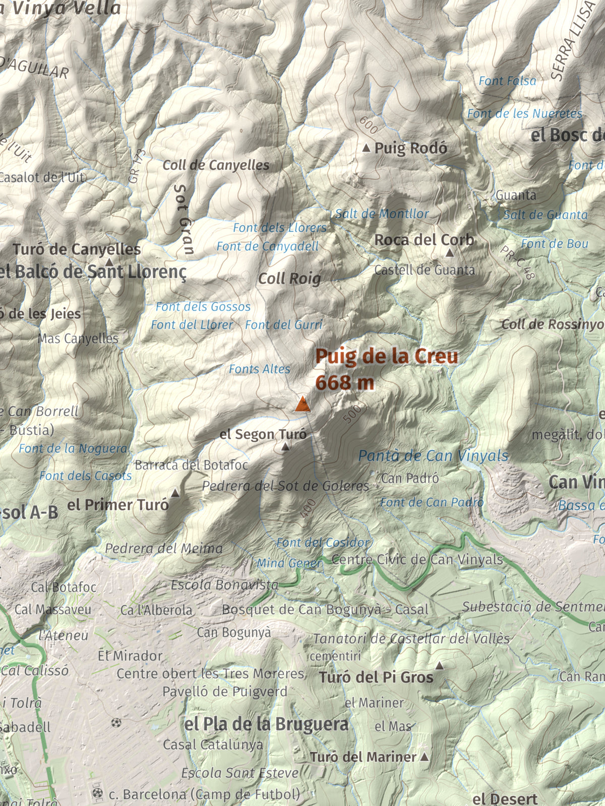 Mapa de relieve de Puig de la Creu, 668 m, Vallès Occidental, lámina 100 Cims de Trobart. Detalle de la zona central. 30 × 40 cm.