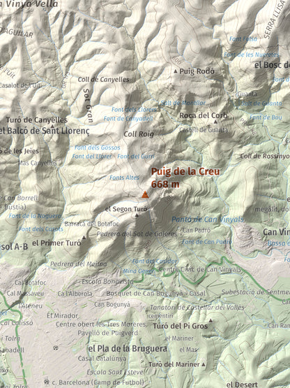 Mapa de relieve de Puig de la Creu, 668 m, Vallès Occidental, lámina 100 Cims de Trobart. Detalle de la zona central. 30 × 40 cm.