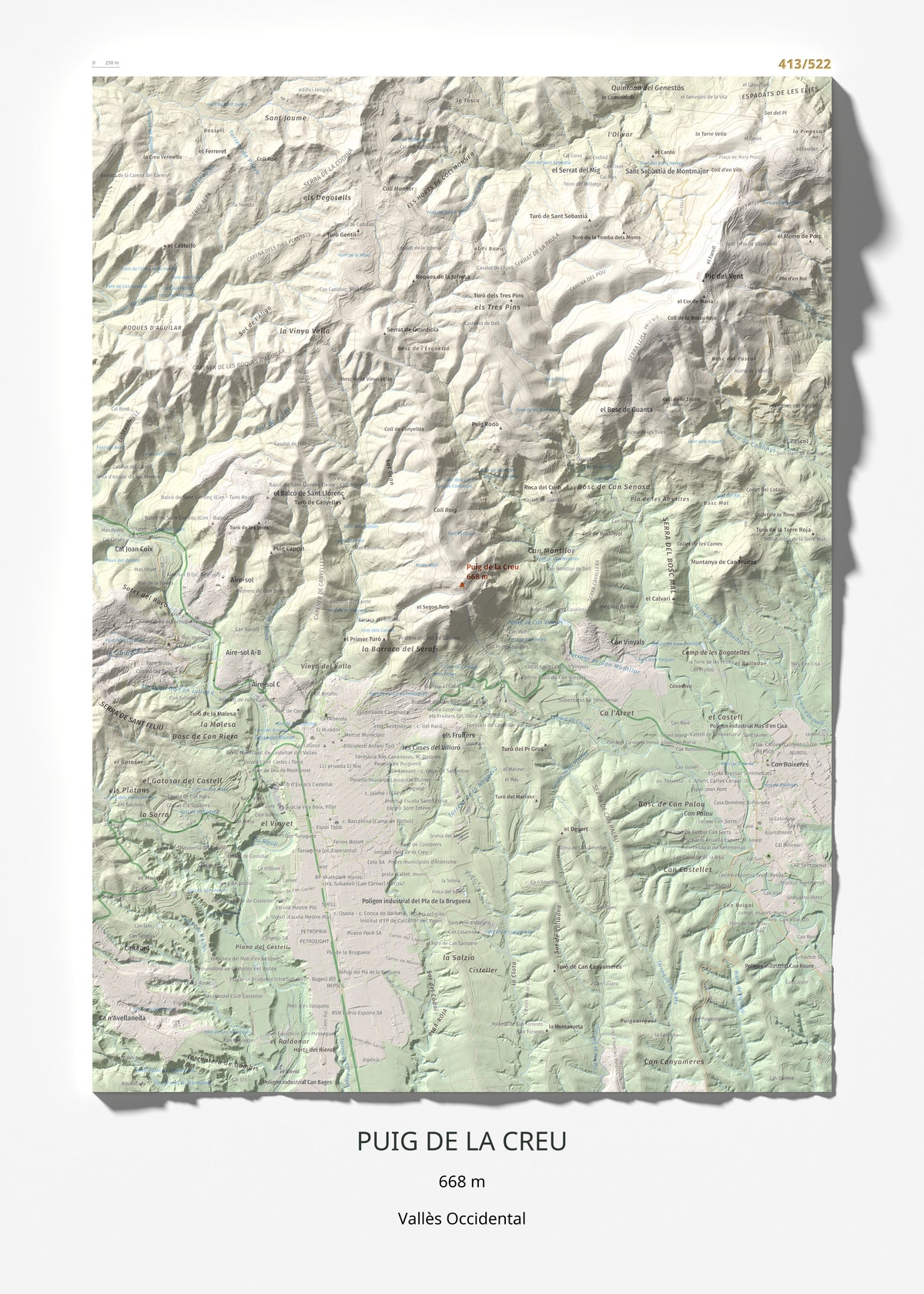 Mapa de relieve de Puig de la Creu, 668 m, Vallès Occidental, lámina 100 Cims de Trobart 50 × 70 cm.