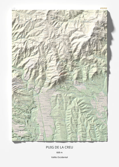 Mapa de relieve de Puig de la Creu, 668 m, Vallès Occidental, lámina 100 Cims de Trobart 50 × 70 cm.