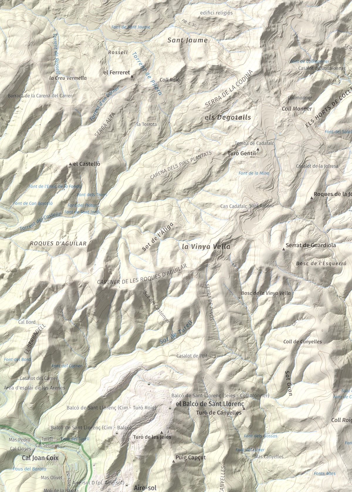 Mapa de relieve de Puig de la Creu, 668 m, Vallès Occidental, lámina 100 Cims de Trobart. Detalle de la zona superior izquierda. 50 × 70 cm.