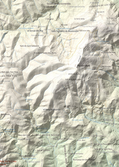 Mapa de relieve de Puig de la Creu, 668 m, Vallès Occidental, lámina 100 Cims de Trobart. Detalle de la zona superior derecha. 50 × 70 cm.