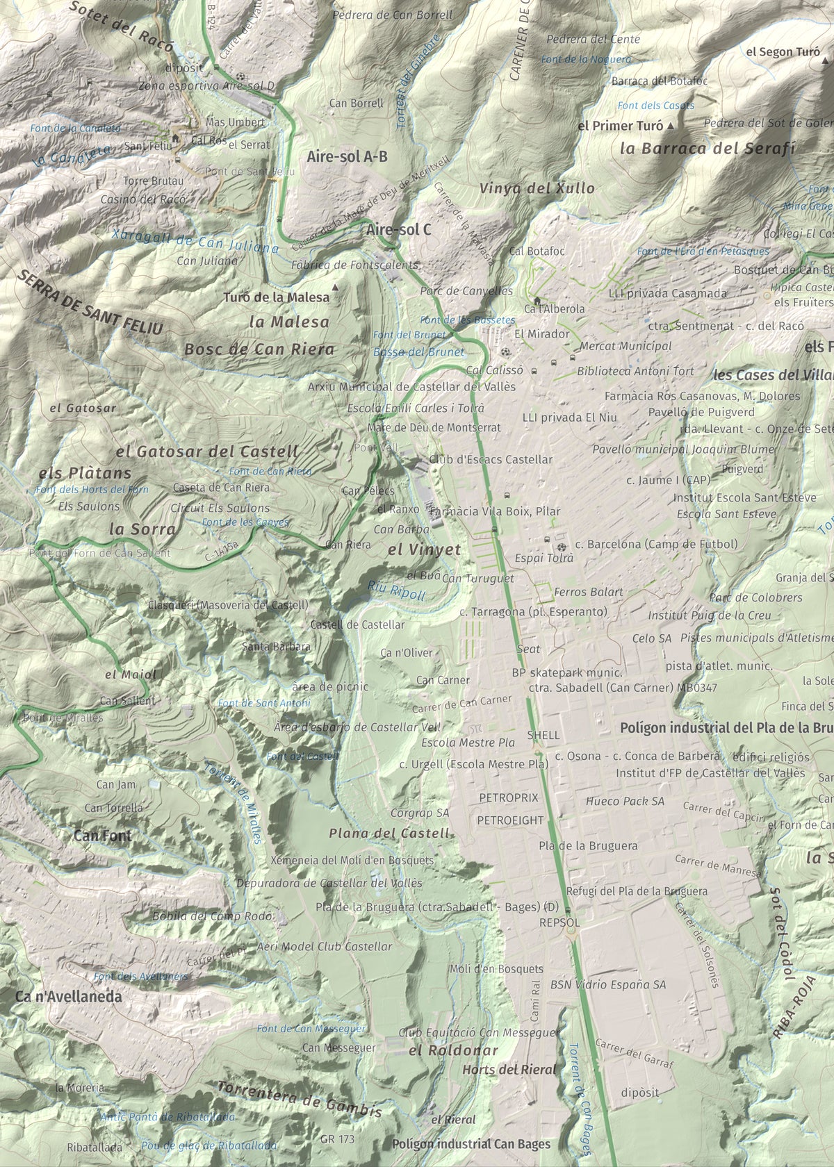 Mapa de relieve de Puig de la Creu, 668 m, Vallès Occidental, lámina 100 Cims de Trobart. Detalle de la zona inferior izquierda. 50 × 70 cm.