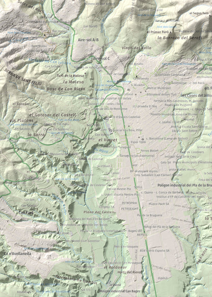 Mapa de relieve de Puig de la Creu, 668 m, Vallès Occidental, lámina 100 Cims de Trobart. Detalle de la zona inferior izquierda. 50 × 70 cm.