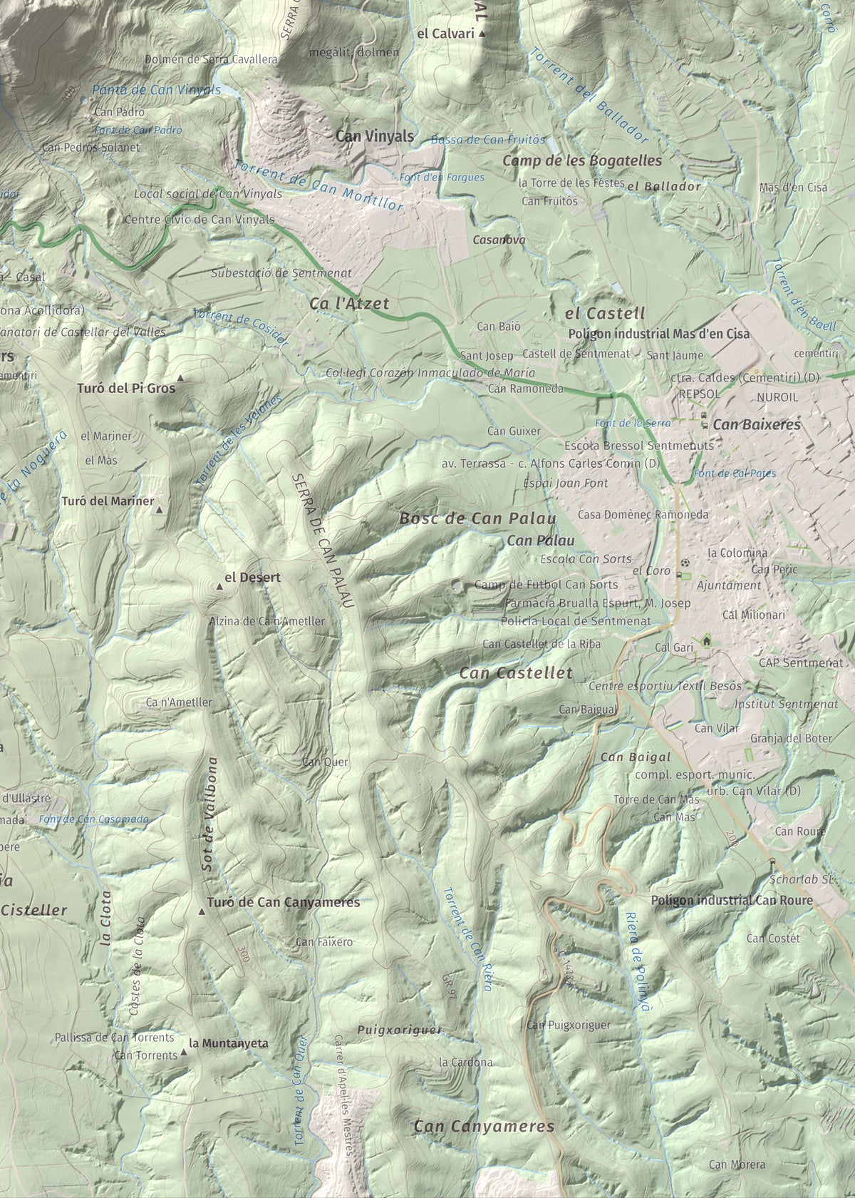 Mapa de relieve de Puig de la Creu, 668 m, Vallès Occidental, lámina 100 Cims de Trobart. Detalle de la zona inferior derecha. 50 × 70 cm.