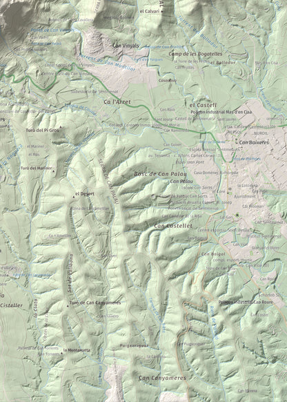 Mapa de relieve de Puig de la Creu, 668 m, Vallès Occidental, lámina 100 Cims de Trobart. Detalle de la zona inferior derecha. 50 × 70 cm.