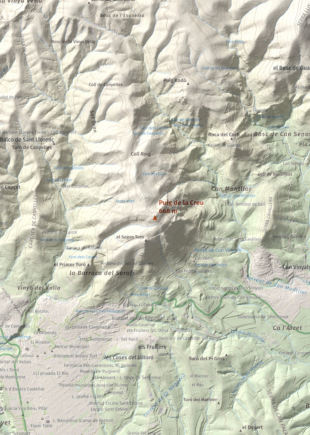 Mapa de relieve de Puig de la Creu, 668 m, Vallès Occidental, lámina 100 Cims de Trobart. Detalle de la zona central. 50 × 70 cm.
