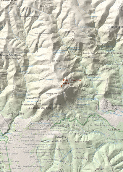 Mapa de relieve de Puig de la Creu, 668 m, Vallès Occidental, lámina 100 Cims de Trobart. Detalle de la zona central. 50 × 70 cm.