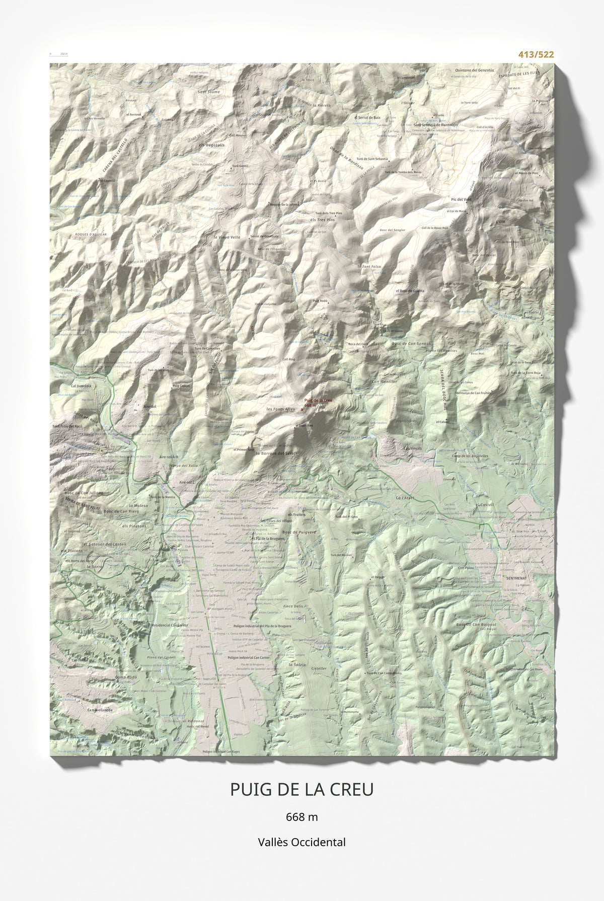 Mapa de relieve de Puig de la Creu, 668 m, Vallès Occidental, lámina 100 Cims de Trobart 61 × 91 cm.