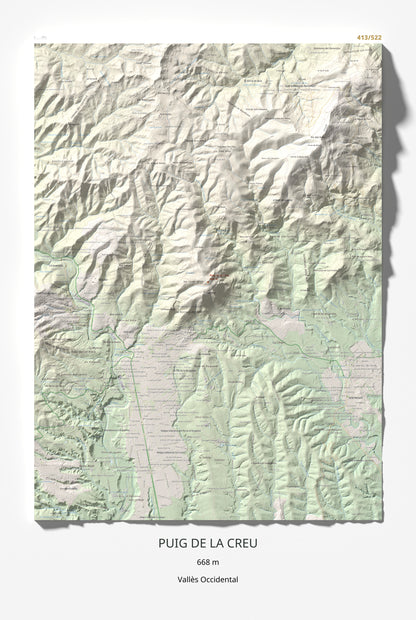 Mapa de relieve de Puig de la Creu, 668 m, Vallès Occidental, lámina 100 Cims de Trobart 61 × 91 cm.