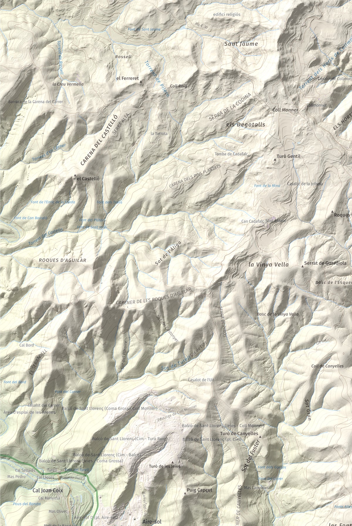 Mapa de relieve de Puig de la Creu, 668 m, Vallès Occidental, lámina 100 Cims de Trobart. Detalle de la zona superior izquierda. 61 × 91 cm.