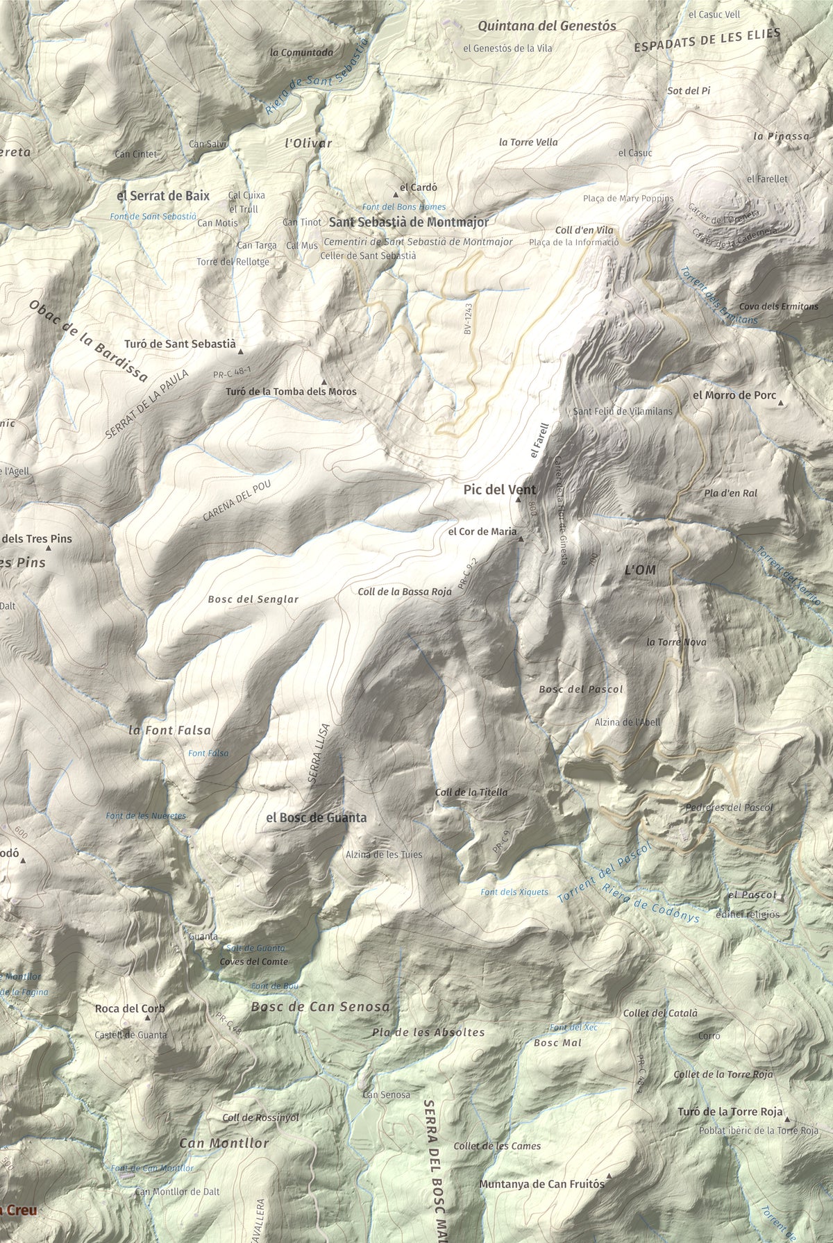 Mapa de relieve de Puig de la Creu, 668 m, Vallès Occidental, lámina 100 Cims de Trobart. Detalle de la zona superior derecha. 61 × 91 cm.