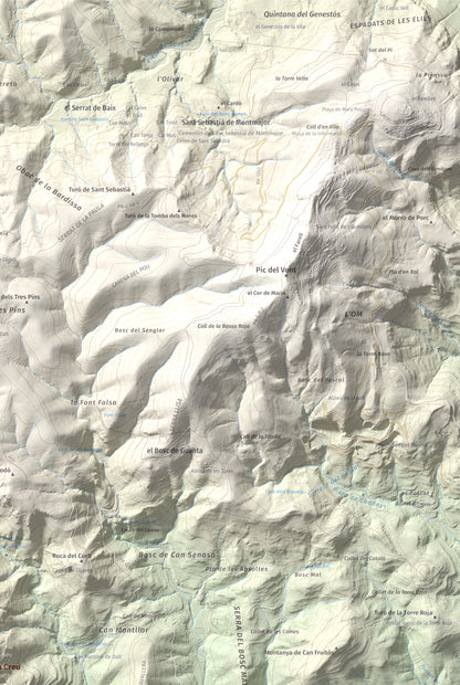 Mapa de relieve de Puig de la Creu, 668 m, Vallès Occidental, lámina 100 Cims de Trobart. Detalle de la zona superior derecha. 61 × 91 cm.