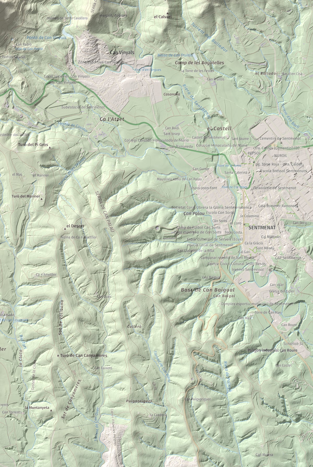 Mapa de relieve de Puig de la Creu, 668 m, Vallès Occidental, lámina 100 Cims de Trobart. Detalle de la zona inferior derecha. 61 × 91 cm.