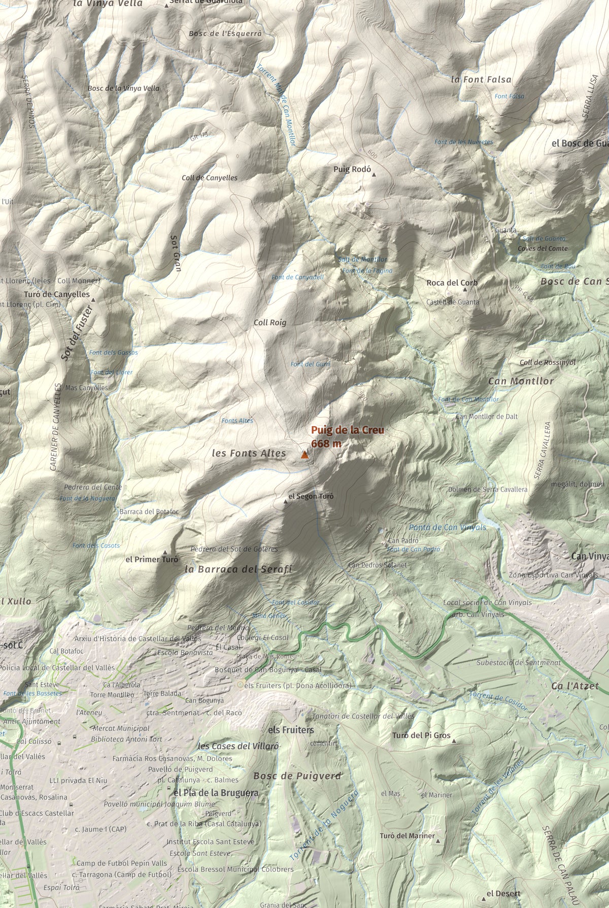 Mapa de relieve de Puig de la Creu, 668 m, Vallès Occidental, lámina 100 Cims de Trobart. Detalle de la zona central. 61 × 91 cm.