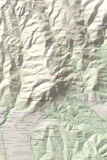Mapa de relieve de Puig de la Creu, 668 m, Vallès Occidental, lámina 100 Cims de Trobart. Detalle de la zona central. 61 × 91 cm.