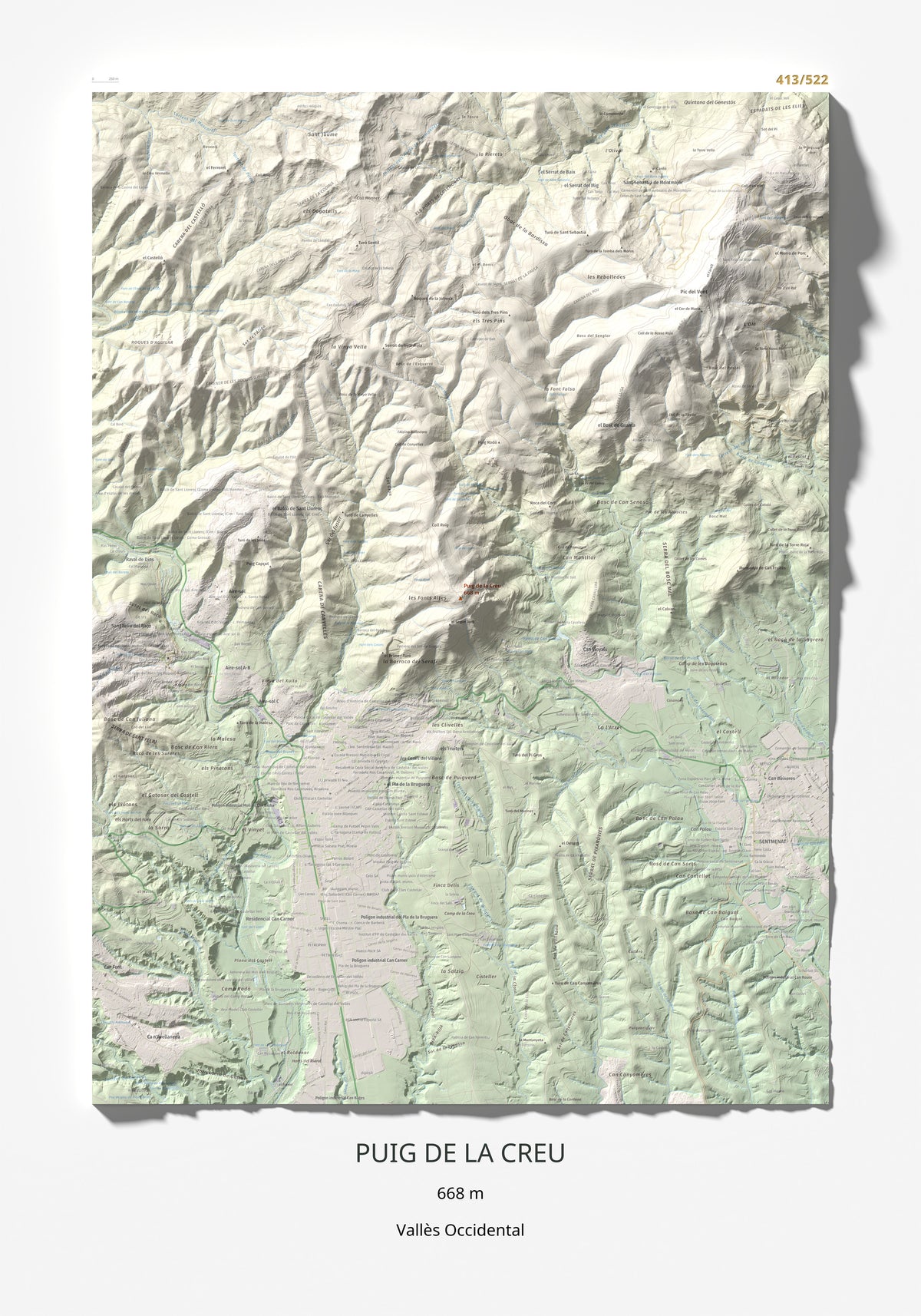 Mapa de relieve de Puig de la Creu, 668 m, Vallès Occidental, lámina 100 Cims de Trobart 70 × 100 cm.