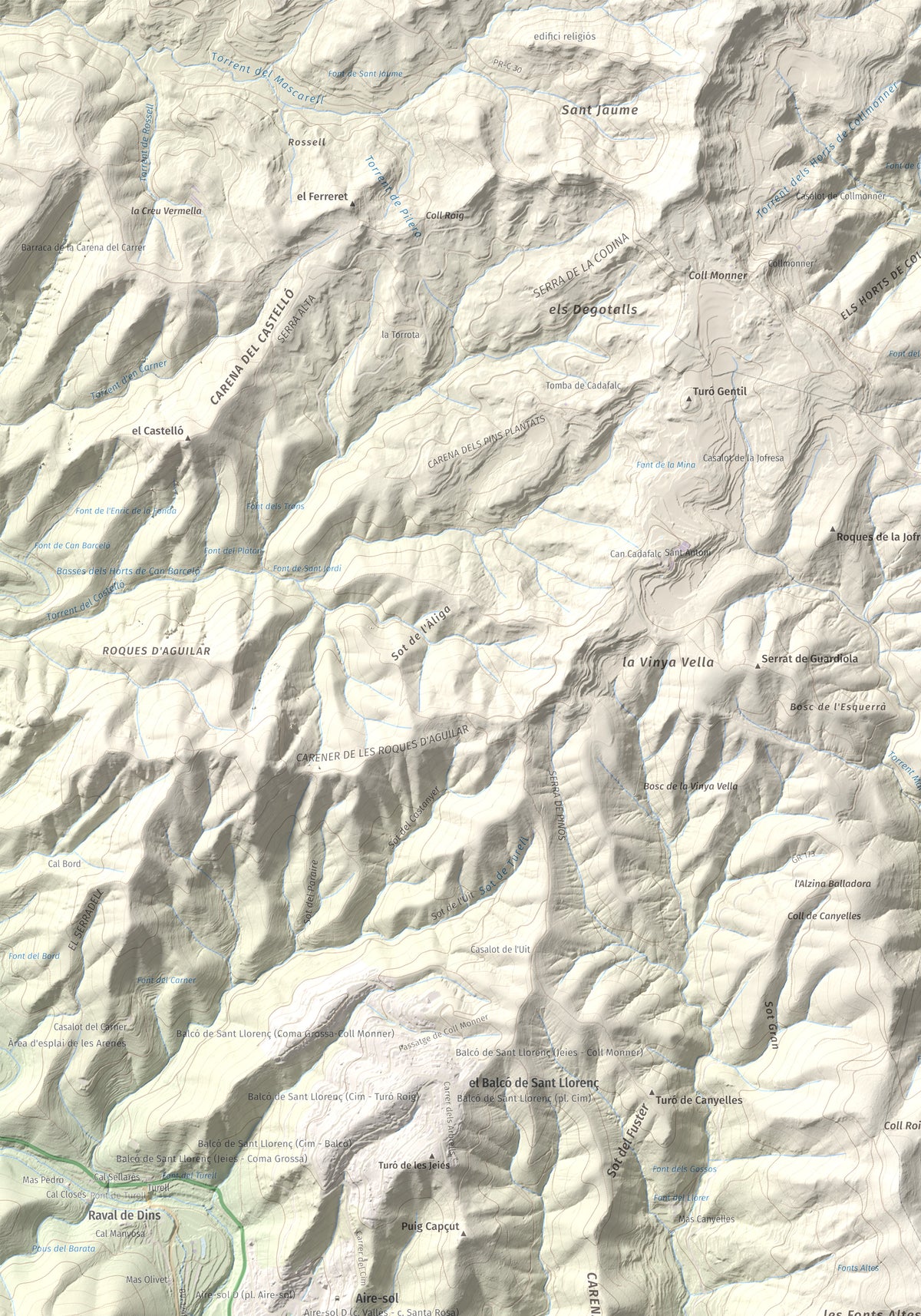 Mapa de relieve de Puig de la Creu, 668 m, Vallès Occidental, lámina 100 Cims de Trobart. Detalle de la zona superior izquierda. 70 × 100 cm.