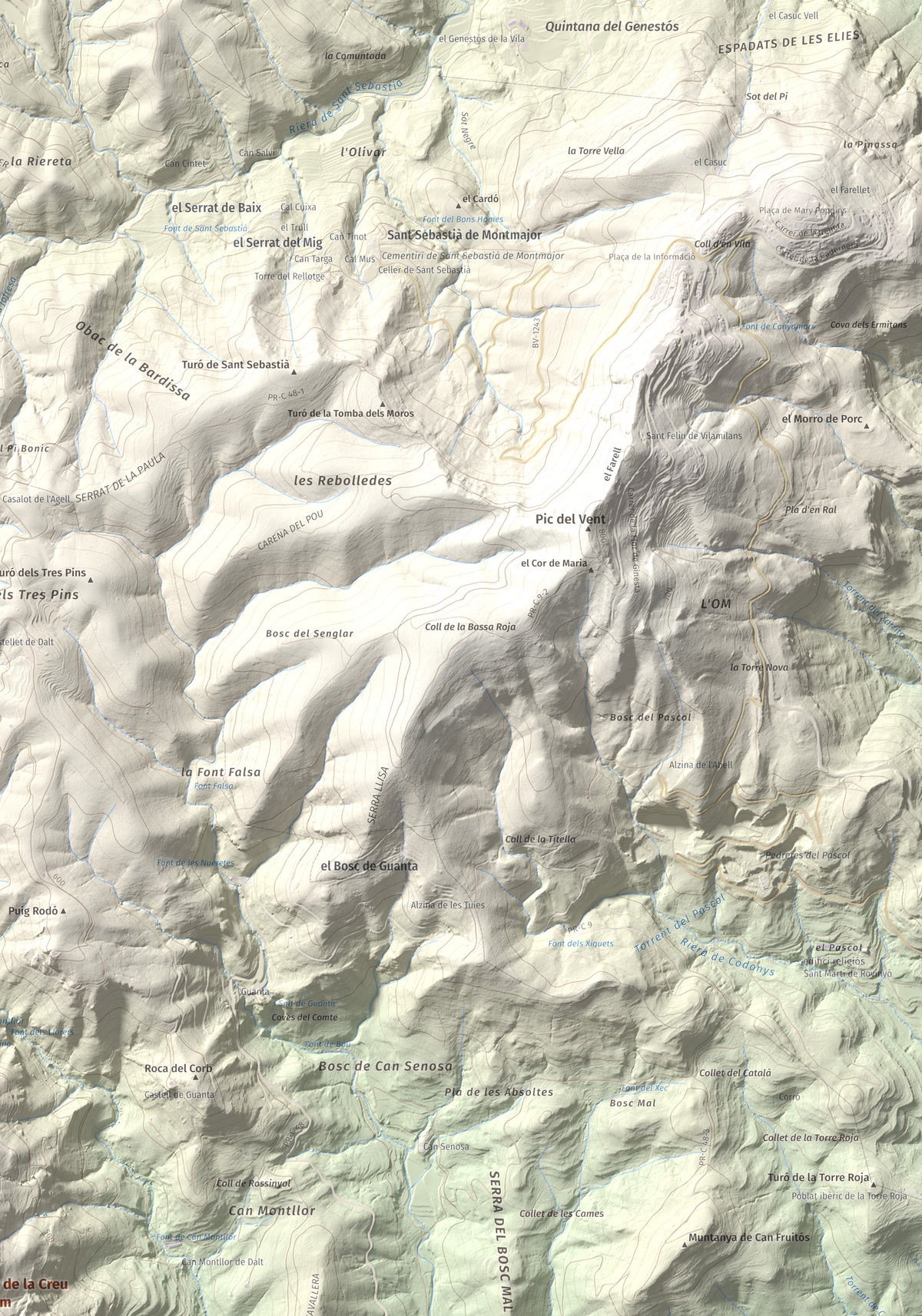 Mapa de relieve de Puig de la Creu, 668 m, Vallès Occidental, lámina 100 Cims de Trobart. Detalle de la zona superior derecha. 70 × 100 cm.